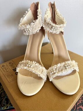 Pearl-Embellished Tweed Ivory Ankle-Strap Stiletto Sandals